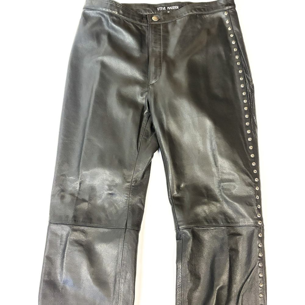 Steve Madden Vintage Y2K Genuine Leather Pants 10 Black Studded Moto Rocker - Picture 6 of 15